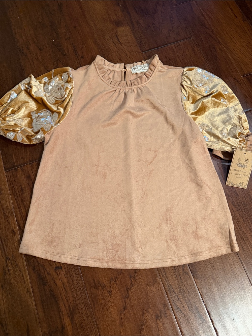 Peach Velvet Blouse with Gold Brocade Puff Sleeves